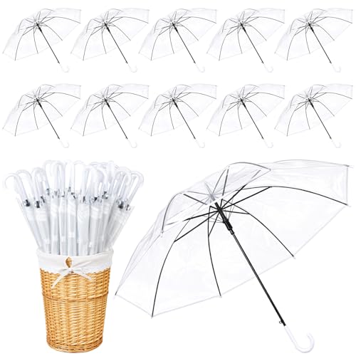 Yeyeplum 30 Pcs Wedding Stick Umbrellas Bulk 40 Inch Large Canopy Umbrellas with Woven Rattan Basket Windproof Rainproof for Outdoor Wedding Party Decor Bride Shower Photo Props