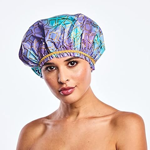 Reusable Vinyl Shower Cap & Bath Cap, Frosted PEVA Elastic Stretch Hem. Waterproof Stretchy Hair Cap for all Hair Lengths - Hipster Splash of Gold For Women Cover