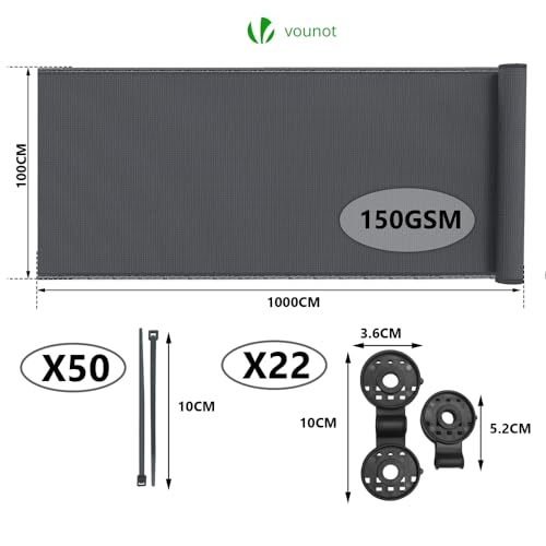VOUNOT® Zaunblende 1×10m, Sichtschutz Zaun 150 g/m² HDPE Schattiernetz, Windschutz UV-resistent Reißfest, 85% Beschattungsgrad, mit Löcher und Kabelbinder, Anthrazit