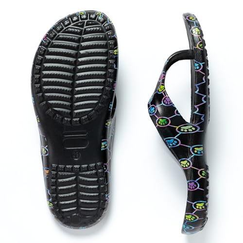 Image of GreaterGood Walking Paws Flip Flops Rainbow Colorful Lightweight Contoured Non Slip Textured Footbed Beach Sandals for Women