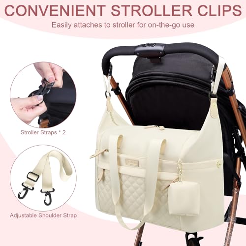 Image of Pritent Diaper Bag Tote - Diaper Baby Bags with Pacifier Case, Shoulder Straps, Stroller Clips, Waterproof Large Mommy Maternity Travel Baby Bag for Mom and Dad, white