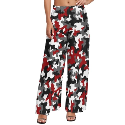 Red Grey White Camouflage Palazzo Pants for Women, Soft Womens Wide Leg Baggy Pants, Comfy Lounge Pants for Women