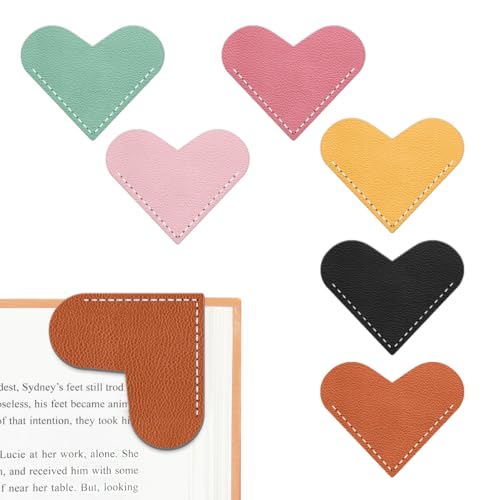 Kinsound 6pcs Leather Heart Bookmarks for Reading Women, Cute Corner Page Book Marks for Book Lovers Teachers Students, Reading Accessories Gifts for Book Lovers
