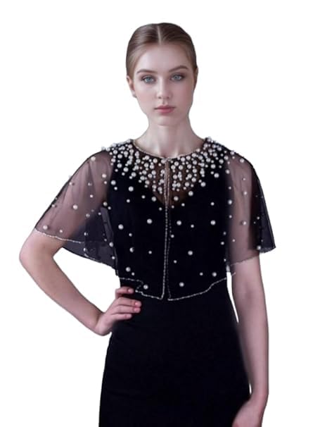 zarinivas Black Pearl Beaded Wedding Cape, White Sheer Bridal Shawl, Short Sleeve Bolero Cover Up-picture-56