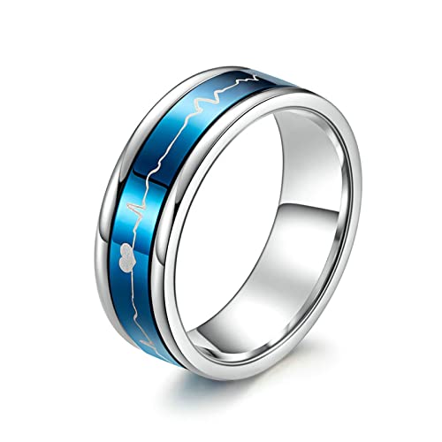 Beydodo Herren Ring Blau Silber, Edelstahl Ring Herzschlag Ring Spinner 7MM Freundschaftsring Blau Silber Ring Personalisiert Gr.57 (18.1) Cover
