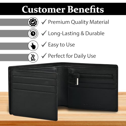 Image of Genuine Leather Wallet for Men Black | RFID Blocking | Bi fold,Tri fold | Classic Slim,Stylish Mens Wallet with Multiple Card Slots,Coin Pocket & ID Window | Gift for Men