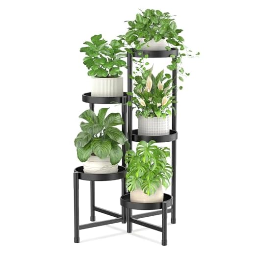 iDavosic.ly Plant Stand Indoor Outdoor, 5 Tier Corner Metal Flower Display Holder Shelf, Folding Tall Orchid Rack for Patio Balcony Porch Garden Living Room House, Black