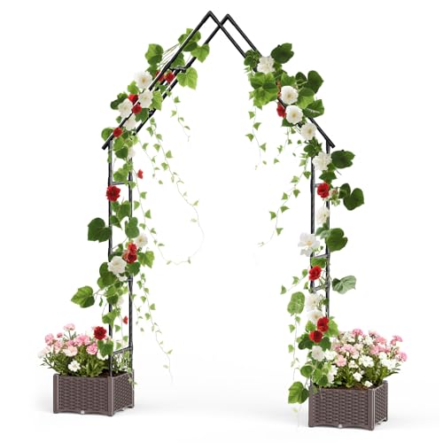 95-Inch Tall Metal Garden Arch Trellis with Planter Boxes – Heavy-Duty Weather-Resistant Arbor for Climbing Plants, Weddings, Lawn, Backyard, Patio