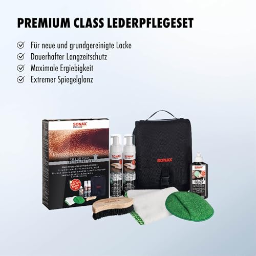 SONAX PREMIUM CLASS LederPflegeSet (3x 250 ml) inkl. 2x LederReiniger, 1x LederPflegeCreme, 1x MicrofaserTuch, 1x MicrofaserPflegePad, 1x IntensivreinigungsBürste | Art-Nr. 02819410