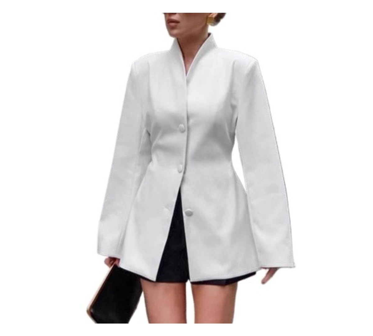 Womens White Stand Collar Single Breasted Waist-Cinching Jacket Slim Fit Minimalist Autumn Suit