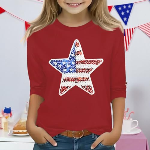 4Th of July Shirts for Girls Size 3-14 USA T Shirts 3/4 Sleeve Crewneck Tops American Flag Blouses Children Clothes2