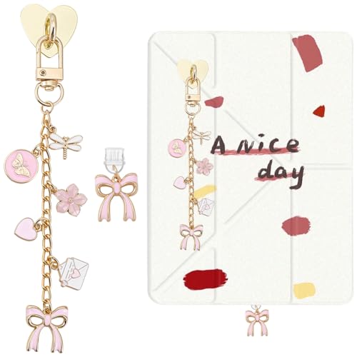 BEAMARKER Chaîne de charme Kawaii pour téléphone avec port de charge sans bouchon anti-poussière et anneau adhésif pour téléphone en forme de cœur Nœud papillon mignon Lecteur électronique Chaîne de c