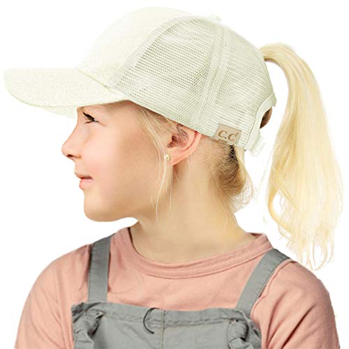 C.C Kids 2-7 Ponytail Messy Buns Ponycaps Baseball Visor Cap Hat Glitter White