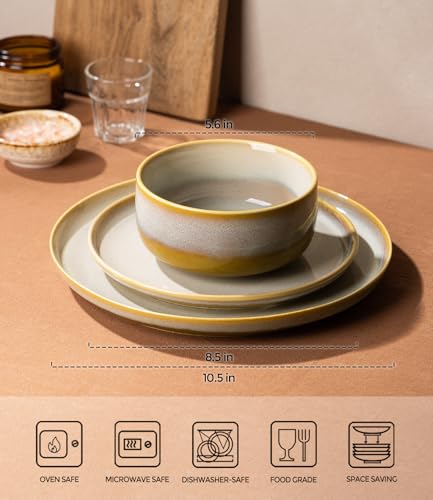 Image of TheTerra Ceramic Dinnerware Sets for 8, 24 Pieces Handmade Reactive Glaze Plates and Bowls Set, Scratch Resistant Dish Set, Oven & Microwave & Dishwasher Safe, Autumn Haze