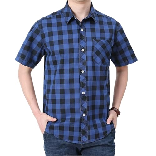 Chemise homme à manches courtes en coton bleu à carreaux, élégance et finitions haut de gamme