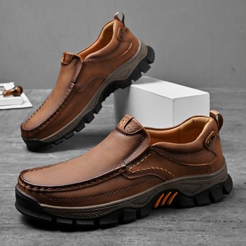 HNEOWGN Men's Outdoor Slip On Loafers,Comfort Hand-Stitching Leather Elastic Non-Slip Arch Support Travel Hiking Walking Shoes (14,Yellow) by HNEOWGN - Used condition - Image 3