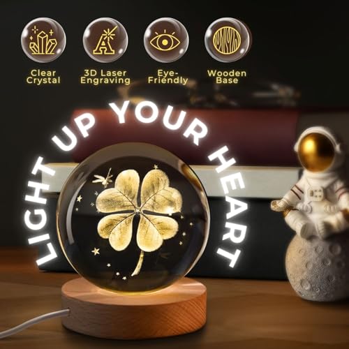 Flexzion 3D Clover Crystal Ball Night Light - LED Light Hologram Glass Lamp with Solid Wood Base, USB Powered Crystal Ball Lamp with Adjustable Brightness for Home Decor Display Gift, 2.4inch(60mm)
