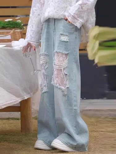 LAFOURAM Petite Jeans for Women 5 FT Short Wide Leg Baggy Y2K Lace Patchwork with Hole Denim Pants2