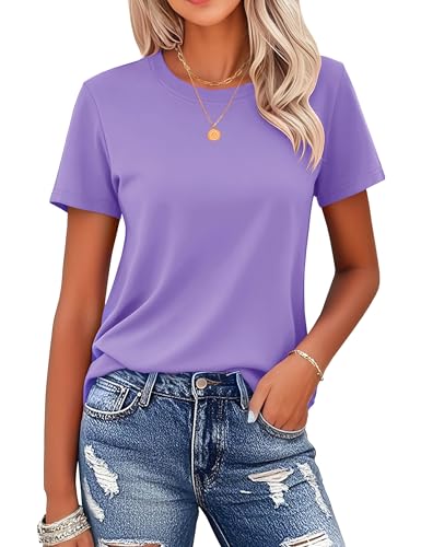 MAGCOMSEN Ladies Crew Neck Shirts Short-Sleeve Casual Basic T-Shirt Classic-Fit Tops Cotton Breathable Tees, Light Purple, XL