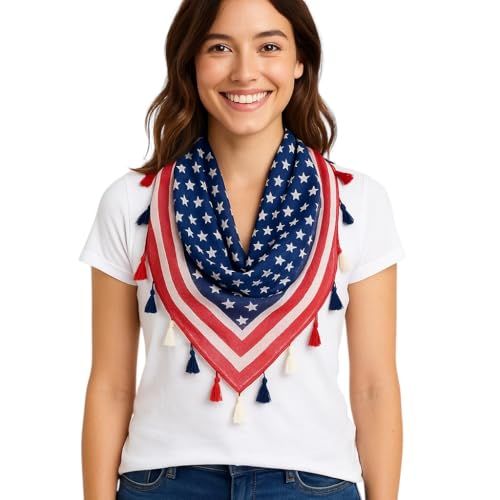American Flag Triangle Scarf for Women – Lightweight Patriotic USA Wrap with Tassels – Sheer Stars & Stripes Sarong for Parade, Rally, Concert, (120x120x210 cm)