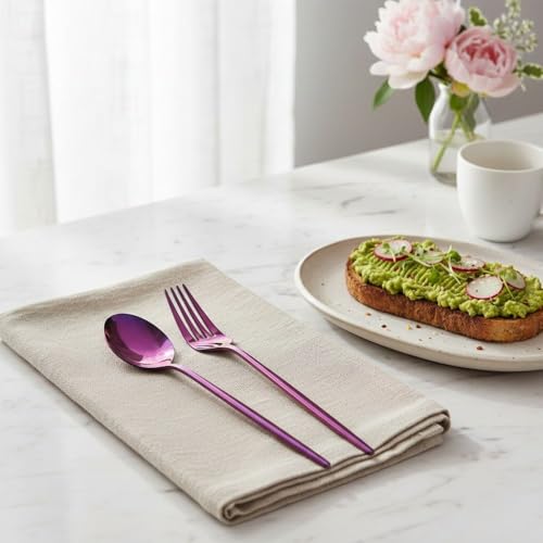 Image of 4 Pcs Pink Slim Handle Stainless Steel Cutlery Set for Dining Table with Spoon and Fork Set & Butterknife - The Perfect Tableware /Flatware