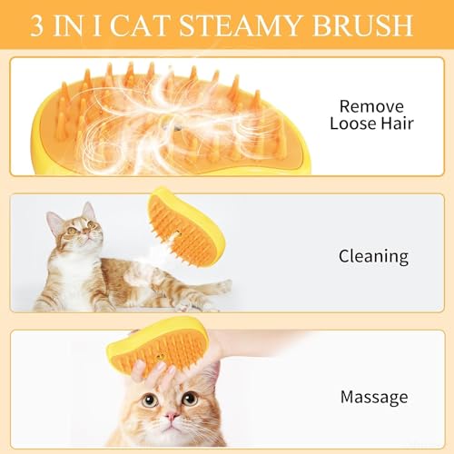 Image of bCrush Cat Steam Brush, 3 In1 Spray Cat Brush, Self Cleaning Cat Steamy Brush, Cat Steamy Brush for Massage, Steam Pet Brush for Removing Tangled and Loosse Hair (Yellow)