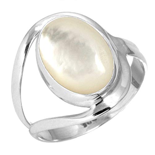 Jeweloporium White Mother Of Pearl Silver Ring Size V, 925 Sterling Silver Ring for Women, Natural Oval Stone Boho Jewellery