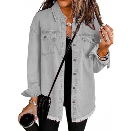 Denim Jacket for Women Oversized Button Up Jean Jacket Long Sleeve Frayed Hem Shacket Distressed Denim Jean Jackets