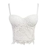 She'sModa Women's Froal Lace Bustier Corset Club Party Crop Top Bra Vest with Adjustable and Removable Straps (Large/US6, White)