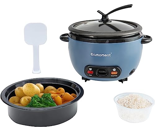 Eamoment ERC-5P07BL 1L | 400W Reiskocher & Schwarzer Dämpfeinsatz Warm & Kochen 1-5 Personen Antihaft-abnehmbarer Topf, Messbecher Spatel, Aufstellbarer Knopf,blau