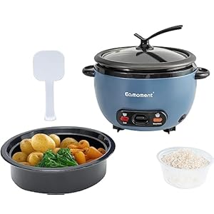 Eamoment ERC-5P07BL 1L | 400W Reiskocher & Schwarzer Dämpfeinsatz Warm & Kochen 1-5 Personen Antihaft-abnehmbarer Topf, Messbecher Spatel, Aufstellbarer Knopf,blau