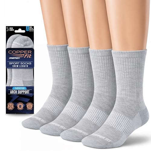 Copper Fit unisex adult Crew Sport - 2 Pack Running Socks, Gray, Small-Medium US