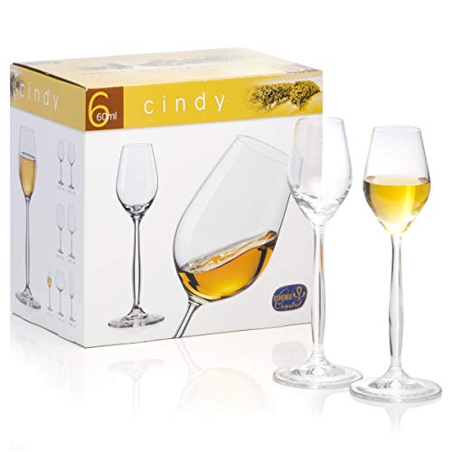 Small Crystal Cordial Glasses Set Of 6, For Liquor, Grappa, Port, Sherry, Dessert Wine, Vodka, Aperitif- Hard & Durable Clear Stemmed Shot Glasses - Bohemia Crystal Cindy Collection, 2 Ounces