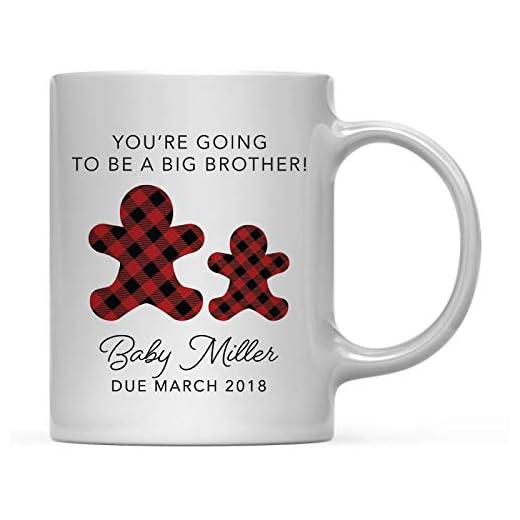 Personliga graviditet tillkännagivande 11oz. Kaffe Koppar julklapp, du kommer att vara en storebror! Baby Miller Due mars 2019, Lumber Buffalo Red Plaid, 1-Pack