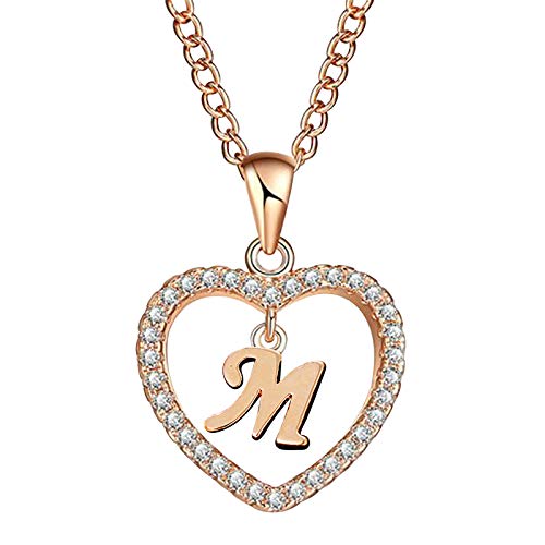 S5E5X Women Fashion 26 English Letter Name Heart Shaped Crystal Chain Pendant Necklaces Jewelry Gift (M)