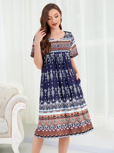 Image of CRIPOM Womens Nightgown Short Sleeve House Dress with Pockets-Floral Print Mumu Dress S-3XL