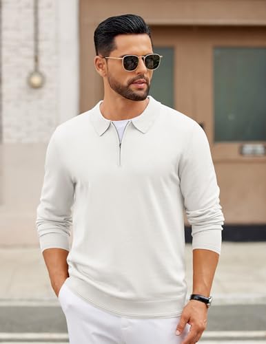 COOFANDY Mens Quarter Zip Polo Sweater Long Sleeve Knit Polo Shirts Casual Lightweight Dress Pullover2