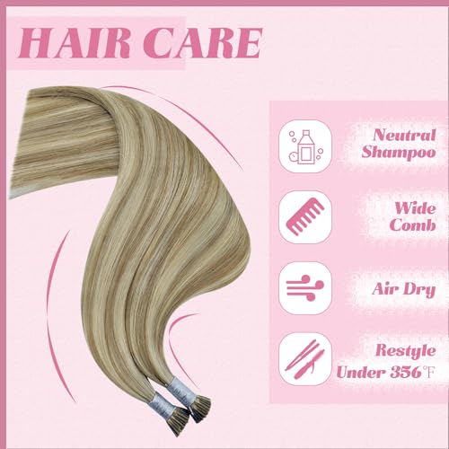 Image of YoungSee I Tip Hair Extensions Brown, I Tip Extensions, Light Brown Highlights Blonde, Itip Human Hair Extension, 50g 65 Strands 16 Inch, Invisible Itip Hair Extension, Straight Hair, for Women