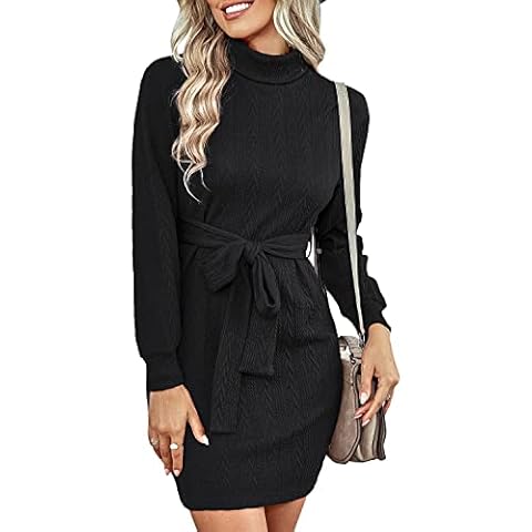 BebreezChic Thin Knitted Bottomed Dresses for Women Pullover Sweater Turtle Neck Slim Short Dresses Elegant Long Sleeve with Belt, Black M Cover