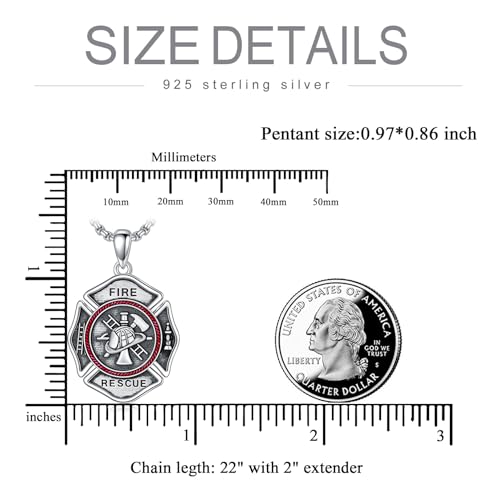 Firefighter Necklace 925 Sterling Silver Fire Fighter Shield Medal Cross Pendant Necklaces for Men, w/Stainless Steel Chain 22''+2''4