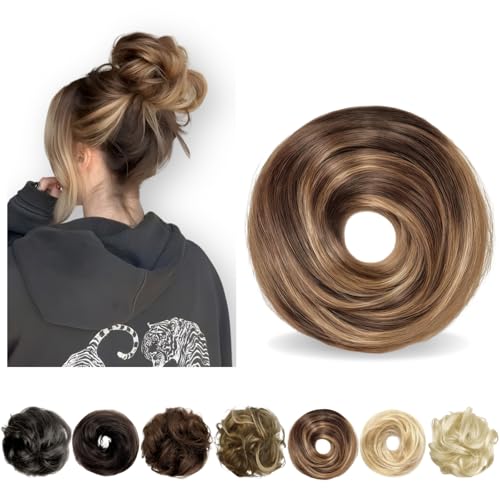 Charmele Messy Bun Hair Piece Human Hair, Human Hair Bun, Messy Bun Scrunchie Updo Hairpieces Donut, Real Hair Bun Wig, Hairpiece for Women Medium Brown Mixed Honey Blonde