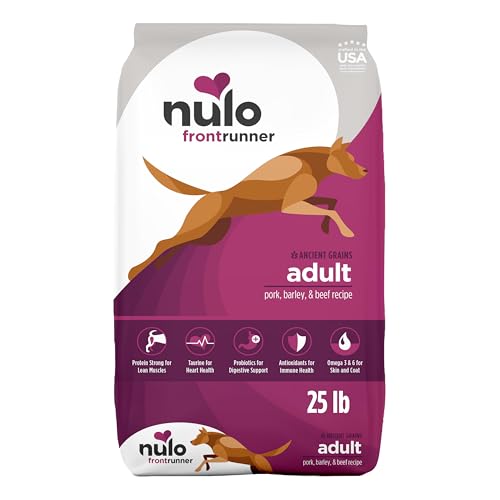 Image of Nulo Frontrunner Dry Dog Food - Adult High-Protein Pork, Barley & Beef Recipe, Natural Kibble with Ancient Grains, Probiotics, Taurine, Omega 3 for Small, Medium and Large Breeds, 25lb Bag
