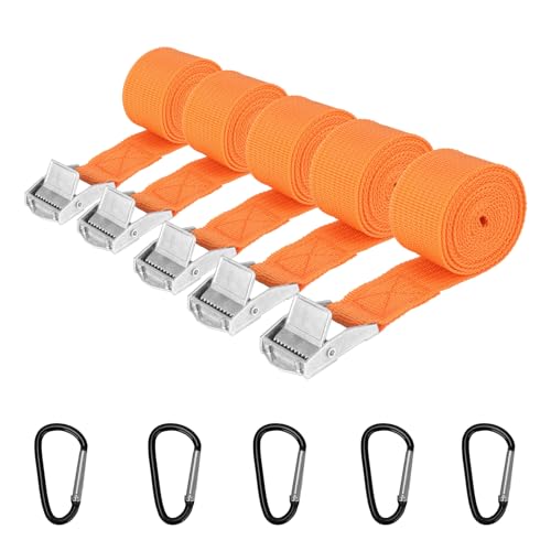 Sheryl&Rain 5 Piezas Cinchas de Amarre con Gancho de Tarjeta,25MM×1.5m Correa de Amarre Naranja con Correas Tensoras de Presión para Portaequipajes de Coche Portabicicletas Surf Bicicleta