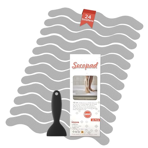 Secopad Anti-Rutsch Aufkleber 24 Stk Sicherheitsstreifen für Badewanne, Klebende Sticker mit Premium Schaber für Badewanne, Dusche, Treppe (Grau)