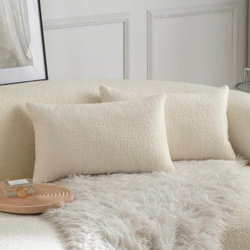 Rythome Beige Comfy Teddy-Like Throw Pillow Covers - 12"x20", Pack of 2