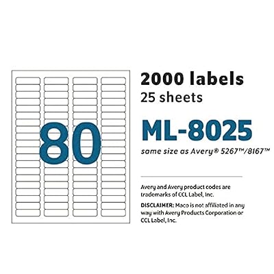 MACO Laser/Ink Jet White Return Address Labels, 1/2 x 1-3/4, 80 per Sheet, 2000 per Pack (ML-8025)