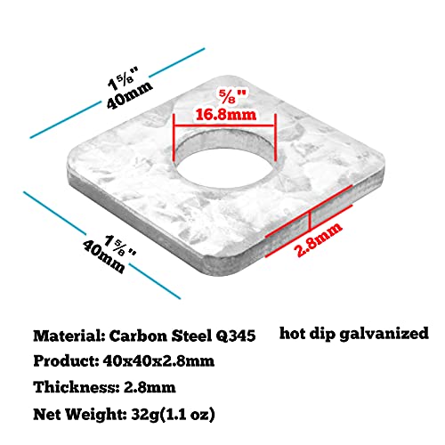 20 Pcs Square Washers Plate ⅝"(Id) X1⅝"X1⅝"X3/16", Hot-Dipped Galvanized Steel Thickness 2.8Mm Heavy Duty Bearing Plate Square Strut Channel Washer For Cold Formed Steel Light Gauge Steel Framing #TOP1
