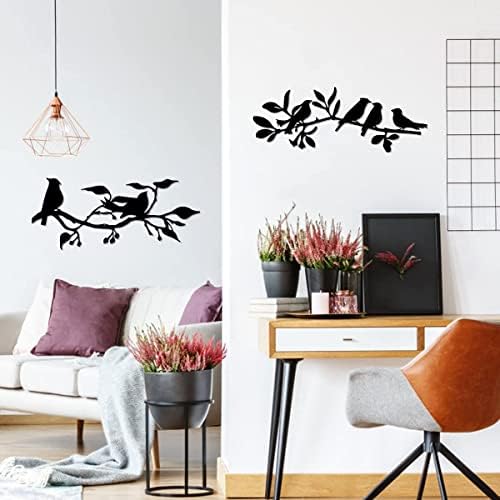 Set of 2 Love Birds on a Branch Metal Tree Wall Art Garden Outdoor Ornament Yard Birds Statues Weatherproof, Black