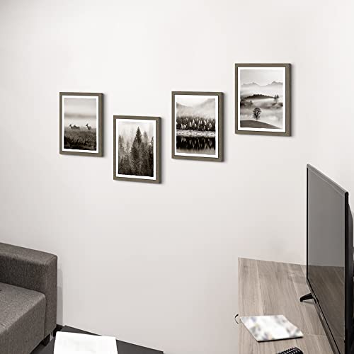 Framed Landscape Wall Art Bedroom: Modern Foggy Forest Picture Bathroom Living Room Black Pine Tree Nature Scene Print 4 Piece 11X14 Vertical Misty Mountain Deer Painting Artwork For Home Office #TOP6