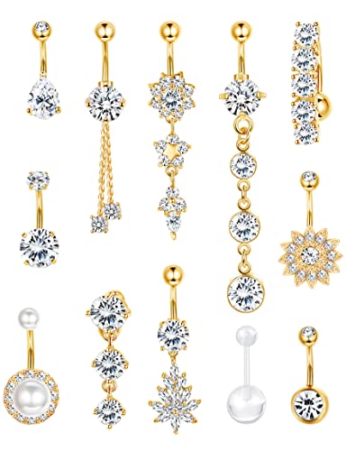 FIBO STEEL 14G Belly Button Rings Dangle 316L Stainless Steel Belly Rings for Women Navel Piercing Jewelry 12 Pcs